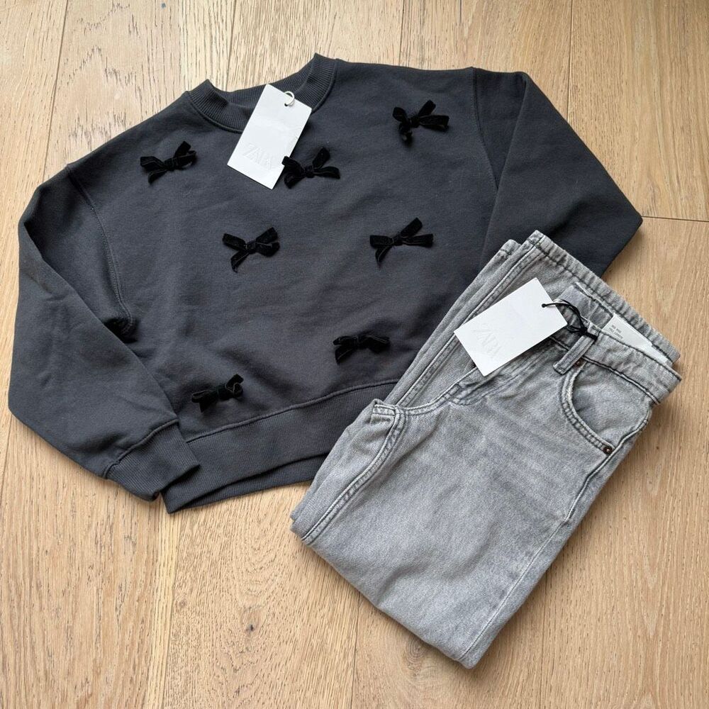 NWT Zara Gray Straight Leg Jeans Sweater Girly Bow Outfit Set Size 8-9